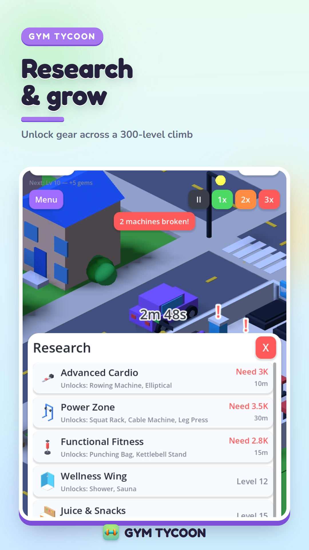 Gym Tycoon — research tree and 300-level progression